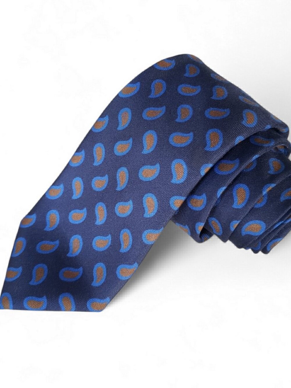 Tino Cosma 100% Silk Tie Made In Italy Dark Blue & Mustard Paisley Print